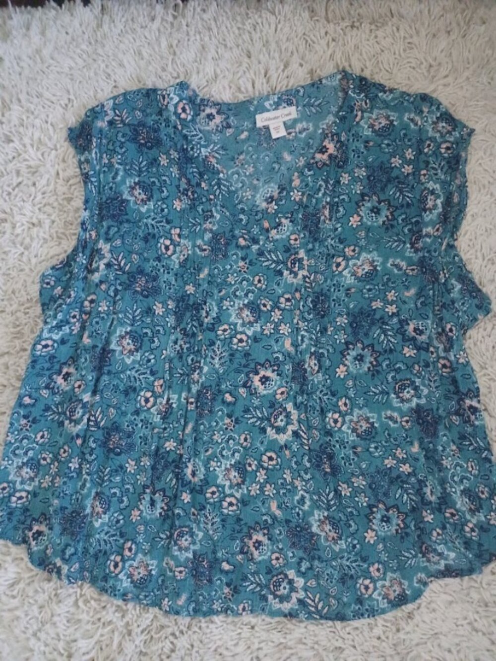 Coldwater Creek 3X Teal Floral Blouse 100% Rayon Pintuck Tunic Plus Size Top